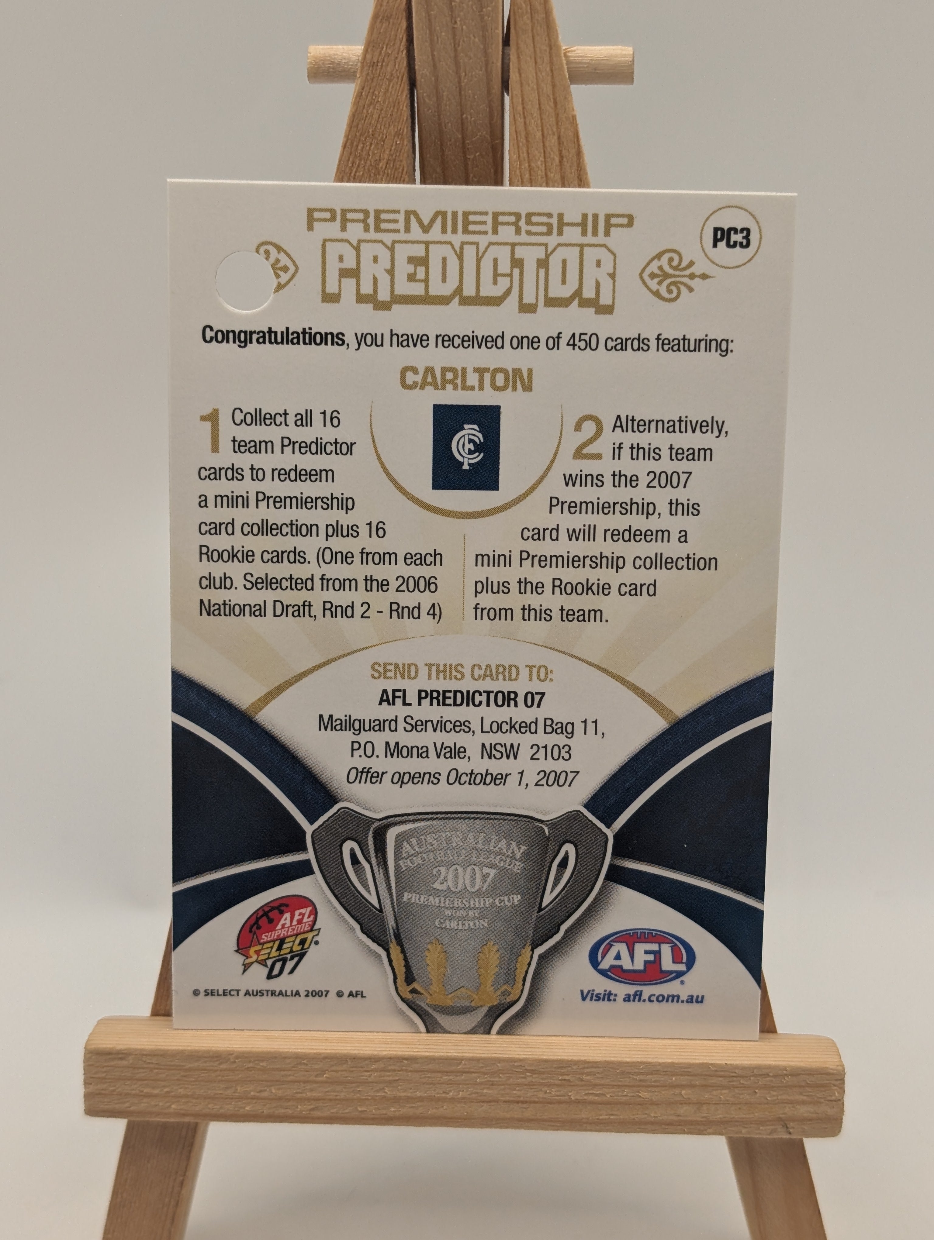 2007 Select AFL Supreme Predictor Carlton +Draft Rookie PDR3 Shaun Grigg FRENLY BRICKS - Open 7 Days